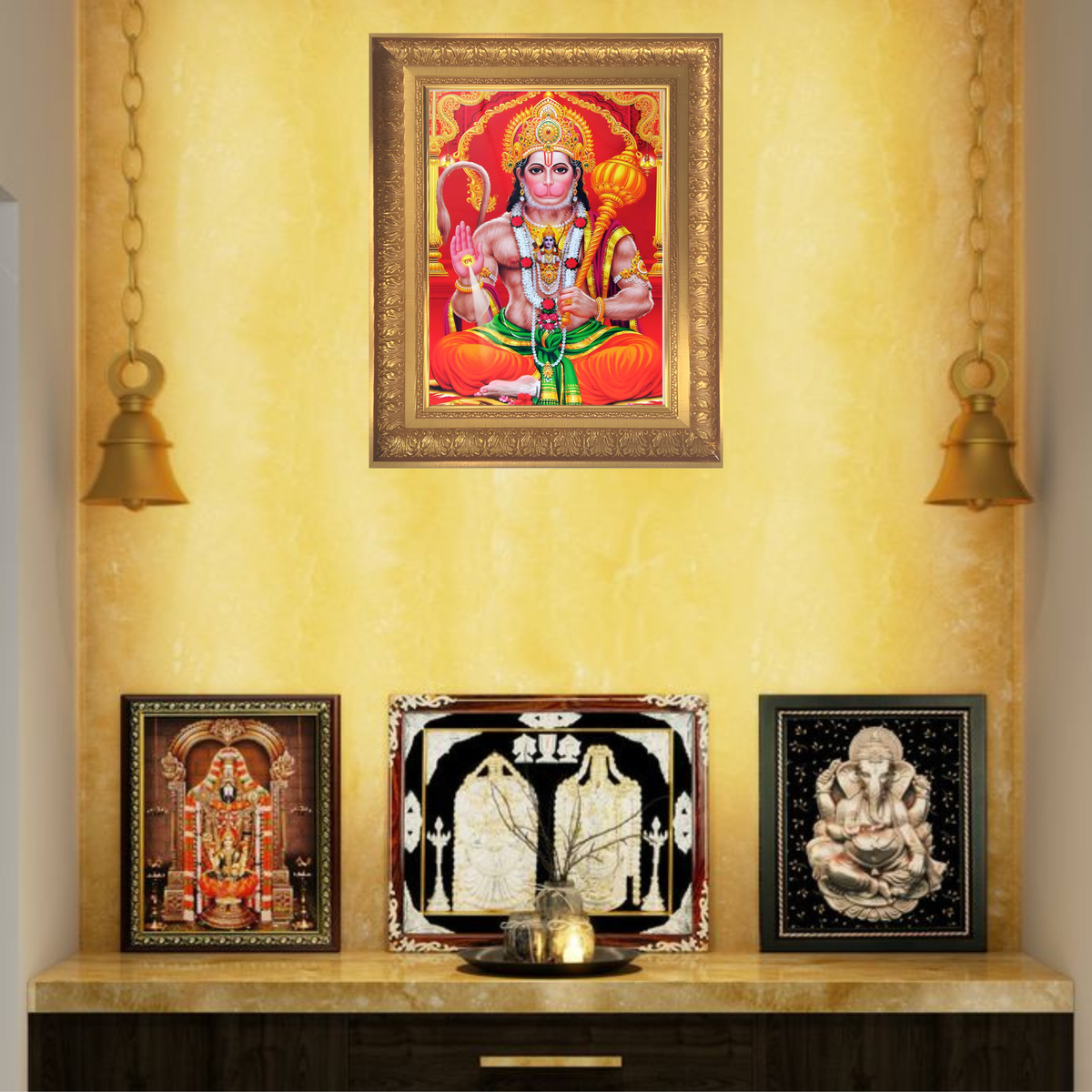 Premium Lord Hanuman Wall Art – Lord Hanuman with Gada Hindu God Photo Frame