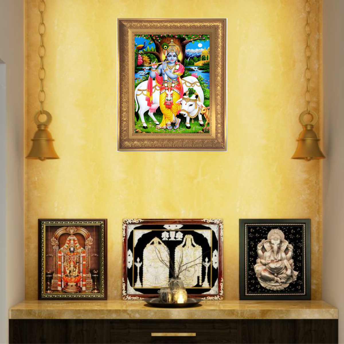 Premium Lord Krishna with Kamadhenu Wall Art – Krishna Playing Flute with Sacred Cow Photo Frame