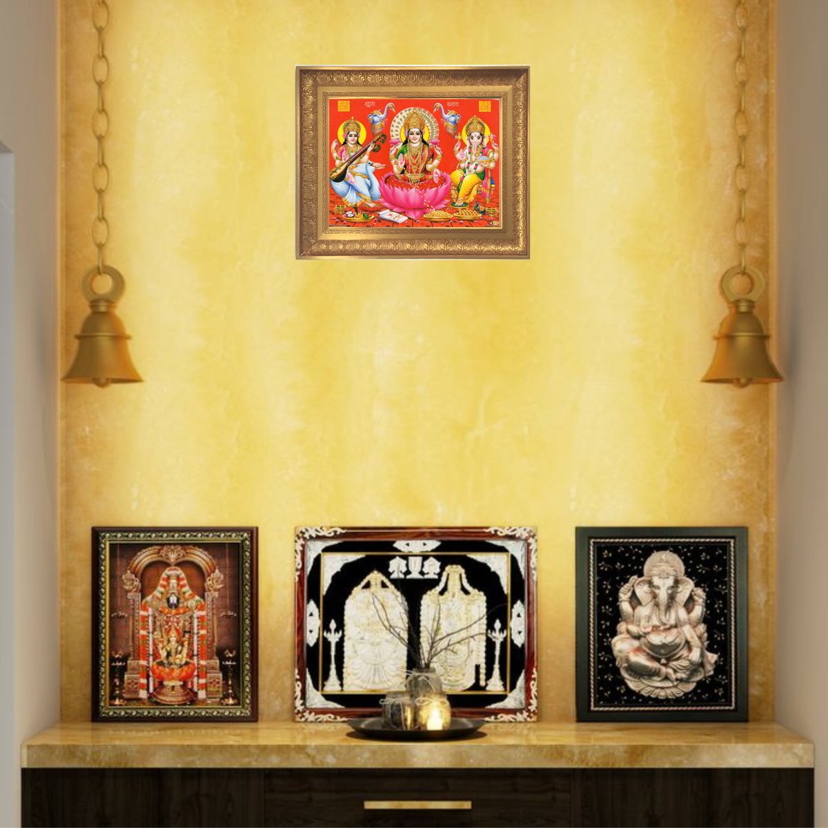Premium Goddess Lakshmi, Saraswati and Lord Ganesha Wall Art – Hindu Gods Photo Frame for Wealth, Wisdom & Prosperity