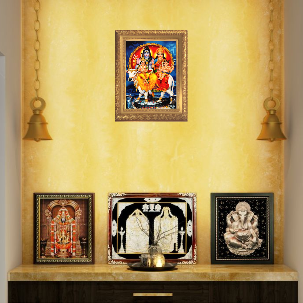 Premium Lord Shiva Family Wall Art – Shiva Parvati with Lord Ganesha and Kartikeya Hindu God Photo Frame