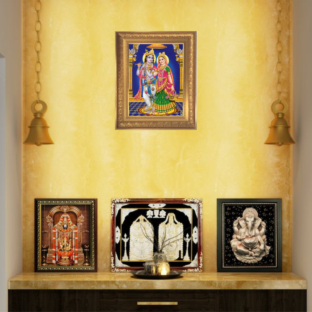 Premium Radha Krishna Wall Art – Lord Krishna Playing Flute with Goddess Radha Hindu Divine Couple Photo Frame