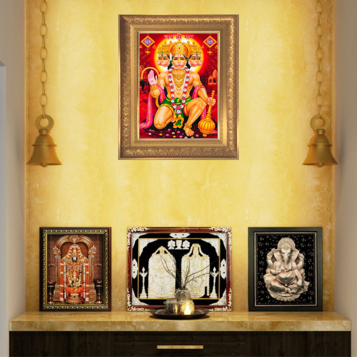 Premium Panchmukhi Hanuman Wall Art – Five-Faced Lord Hanuman with Gada Hindu God Photo Frame
