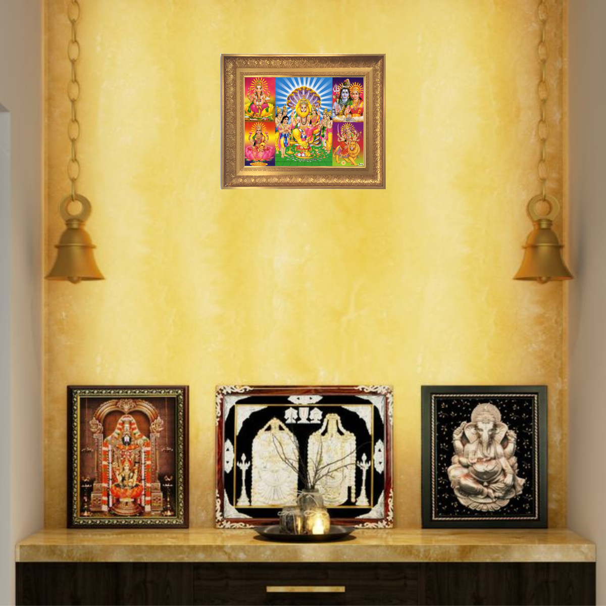 Premium Lord Narasimha with Lakshmi Wall Art – Hindu Gods Ganesha Shiva Parvati Durga Religious Photo Frame
