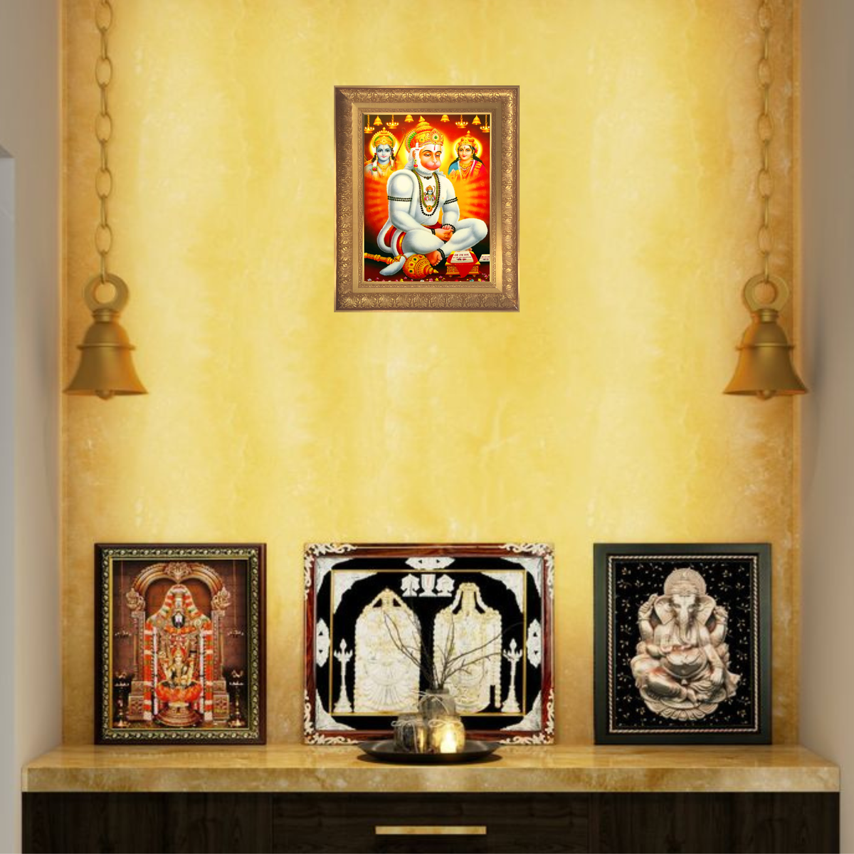 Premoium Lord Hanuman Wall Art – Devotional Hanuman with Lord Rama & Sita Hindu God Photo Frame