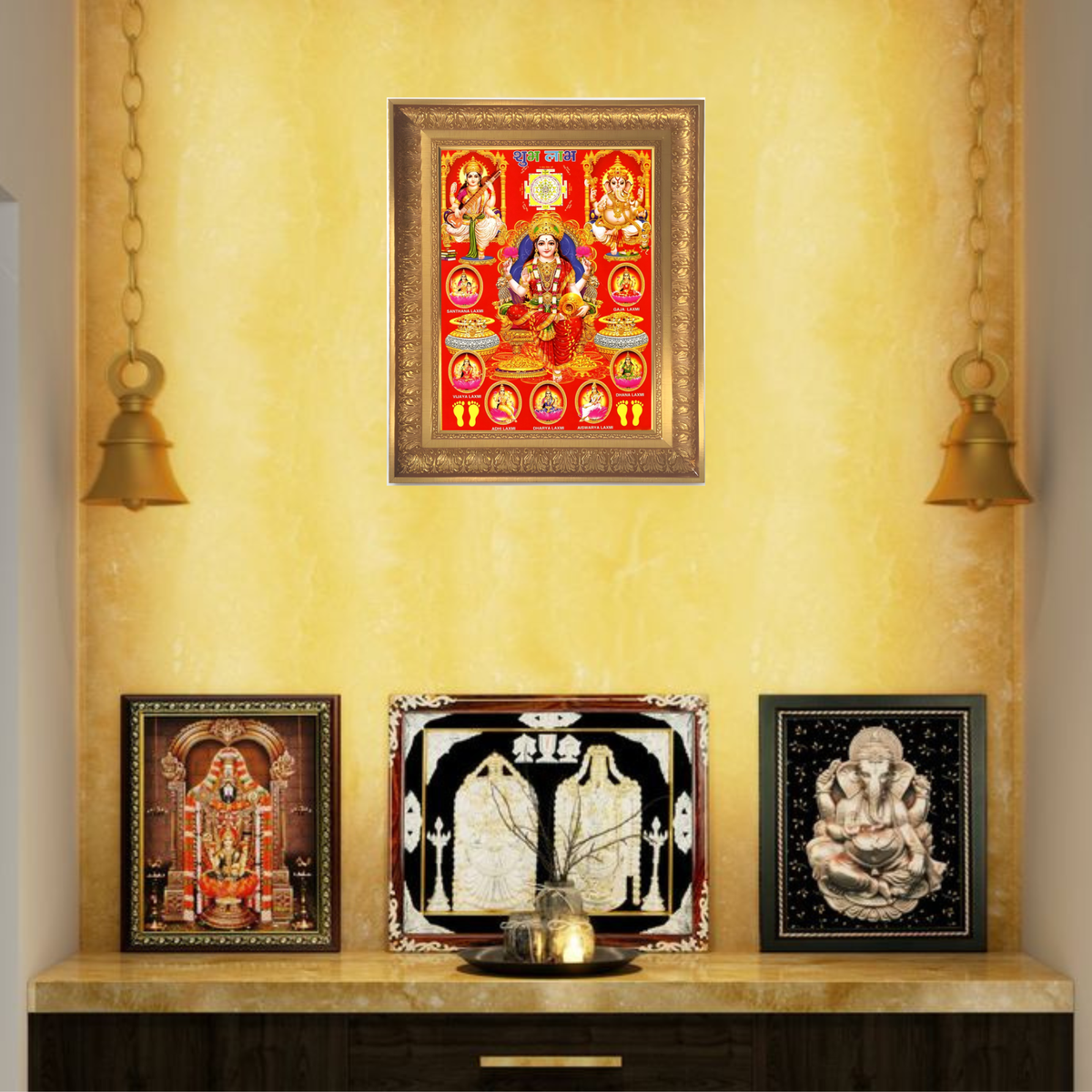 Premium Ashta Lakshmi Wall Art – Goddess Lakshmi with Ganesha and Saraswati Hindu God Photo Frame
