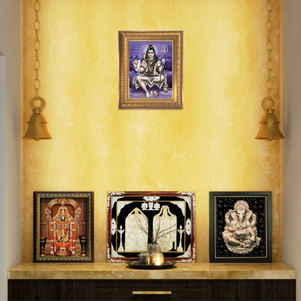 Premium Lord Shiva Wall Art – Mahadev Shiva with Nandi and Trishul Hindu God Devotional Photo Frame