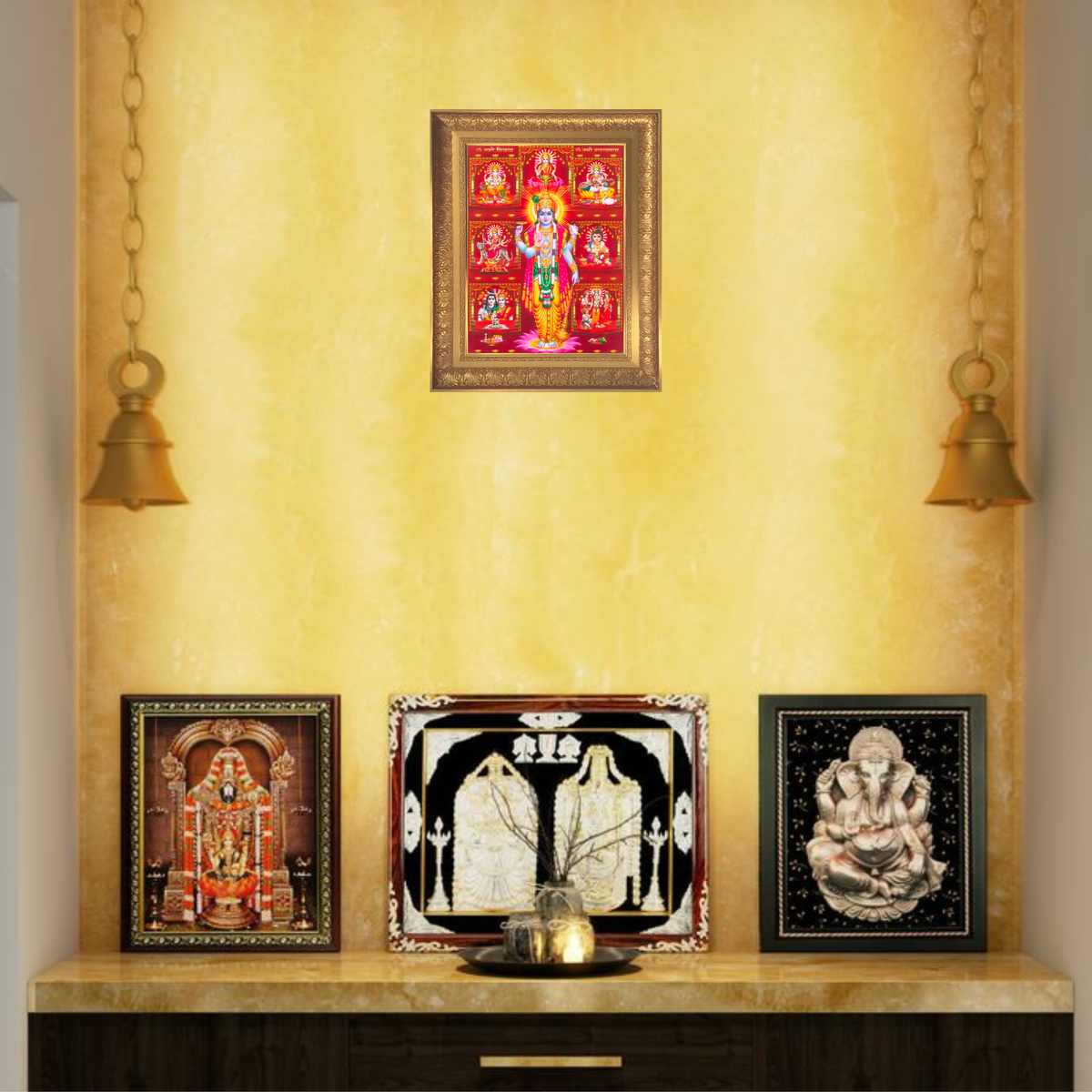 Premium Lord Vishnu Wall Art – Lord Vishnu with Ganesha, Lakshmi, Saraswati & Hindu Deities Photo Frame