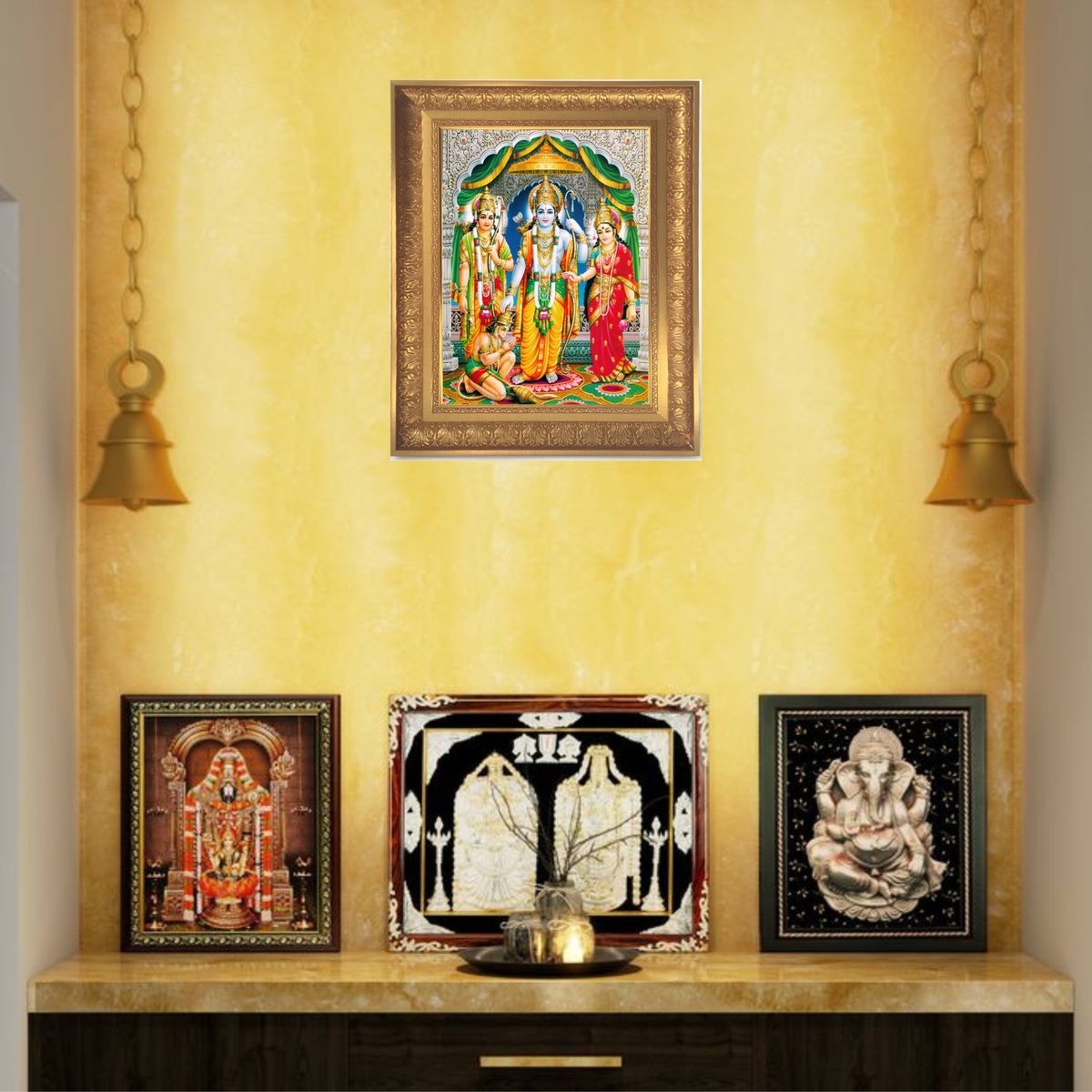 Premium Lord Rama Darbar Wall Art – Sri Ram Sita Lakshman Hanuman Photo Frame | Hindu Religious Home