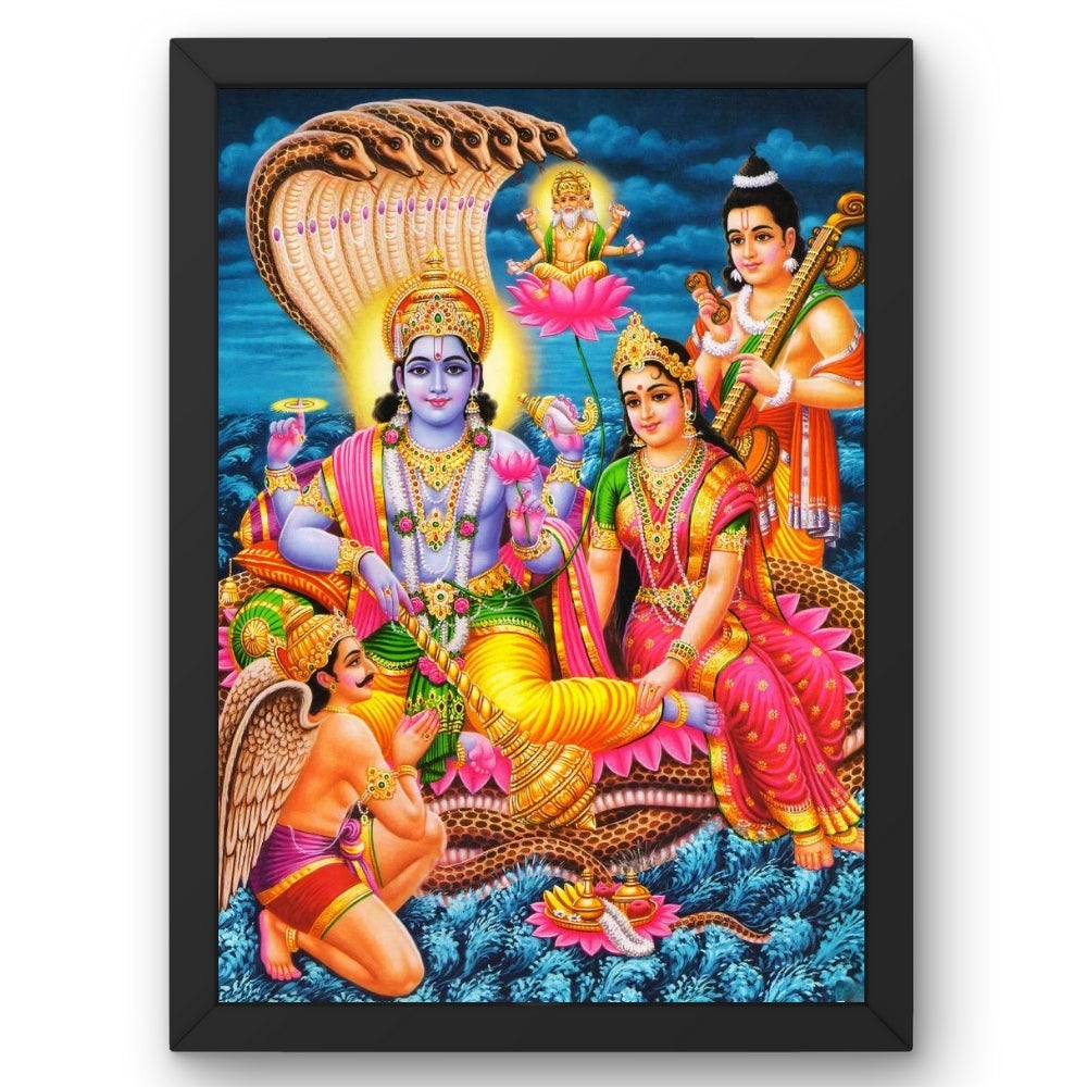 Lord Vishnu Lakshmi Sheshnag Wall Art – Hindu God Vishnu with Goddess Lakshmi Traditional Photo Frame
