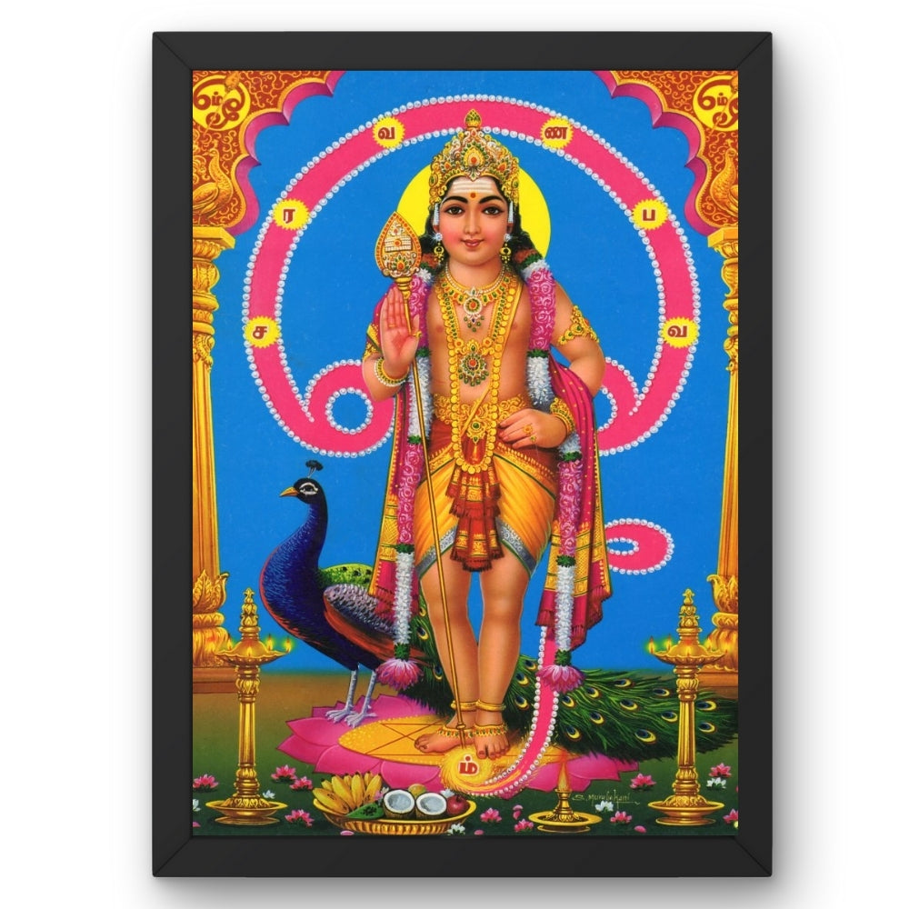 Lord Murugan Wall Art – Tamil God Murugan with Peacock & Vel Hindu God Photo Frame