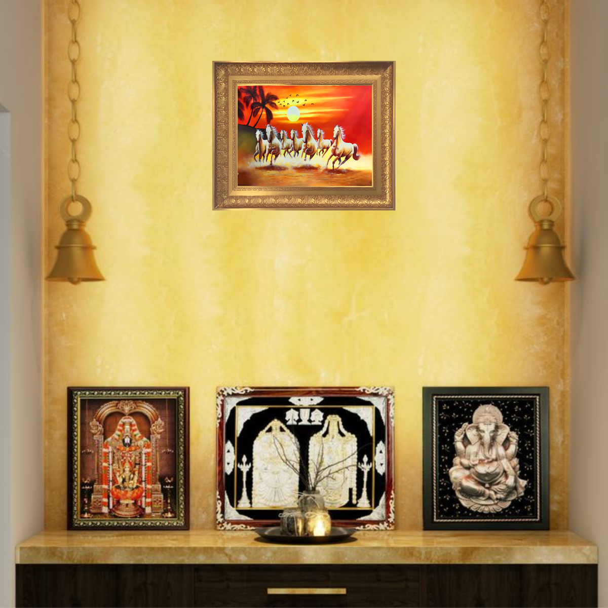 Premium Seven Running Horses Wall Art – Galloping Horses Sunset Landscape Photo Frame