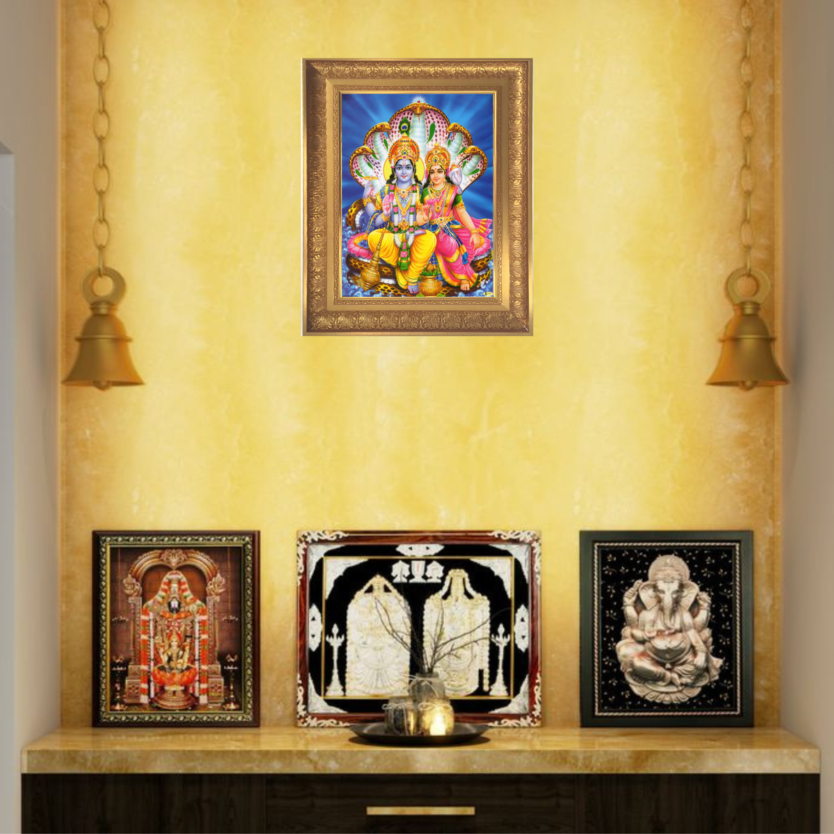 Premium Lord Vishnu Wall Art – Sri Lakshmi Narayan with Adishesha Hindu God Devotional Photo Frame