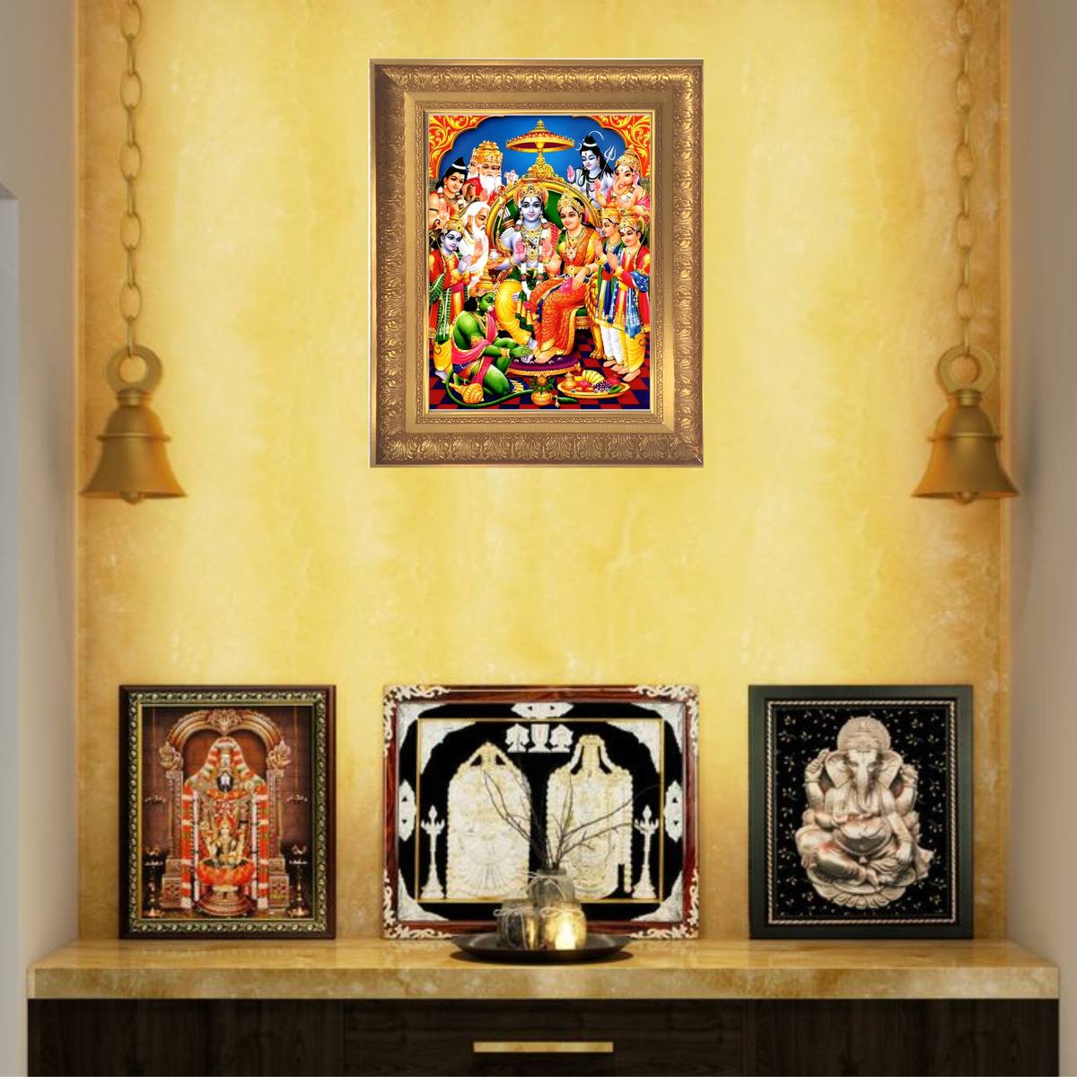 Premium Lord Sri Rama Wall Art –  Lord Rama and Goddess Sita with Hanuman Hindu Devotional Photo Frame