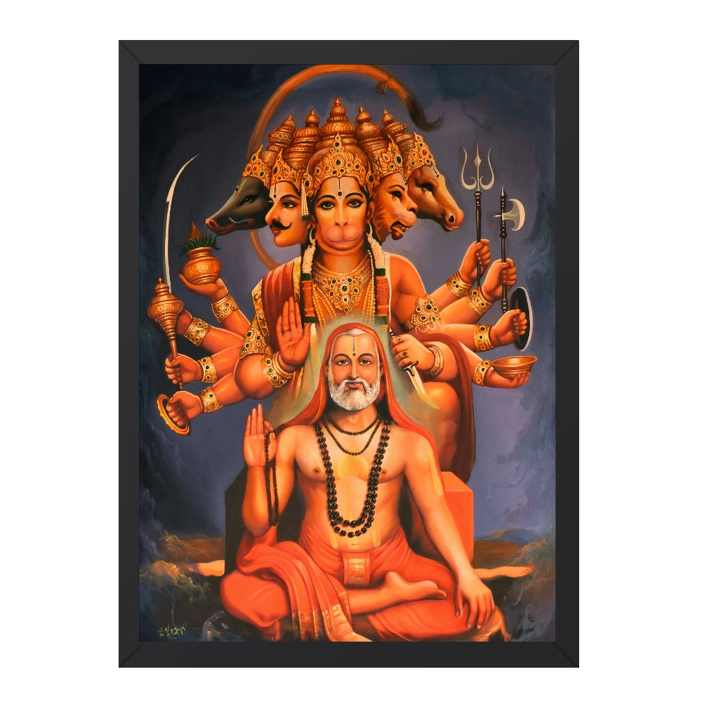 Panchmukhi Hanuman & Guru Wall Art – Five-Faced Lord Hanuman Spiritual Photo Frame