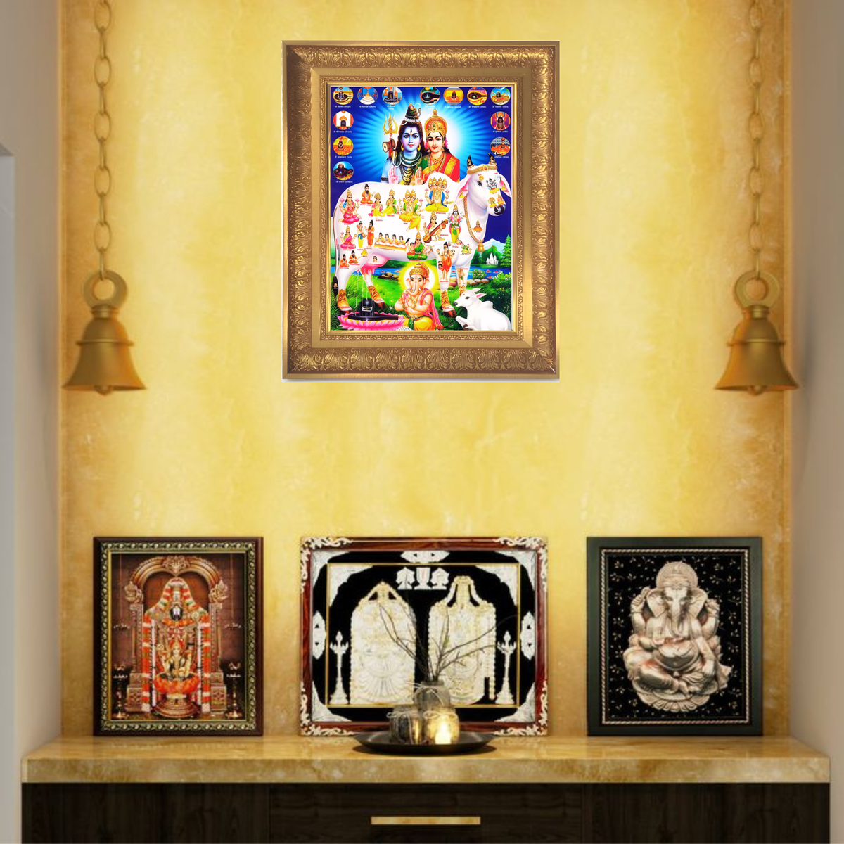 Premium Kamadhenu Wall Art – Sacred Divine Cow with Shiva Parvati & Hindu Gods Photo Frame
