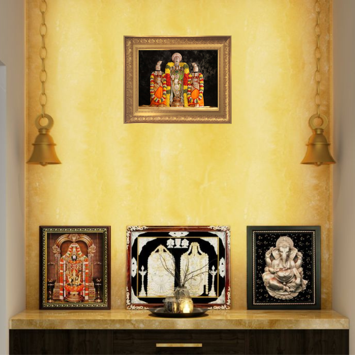 Premium Lord Venkateswara Wall Art – Tirupati Balaji with Sridevi & Bhudevi Hindu God Photo Frame