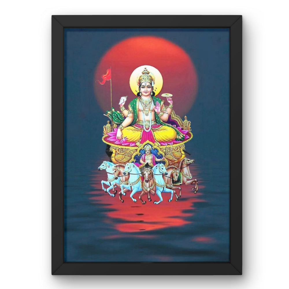 Surya Dev Wall Art – Lord Surya with Seven Horses Hindu God Photo Frame for Home & Puja Room