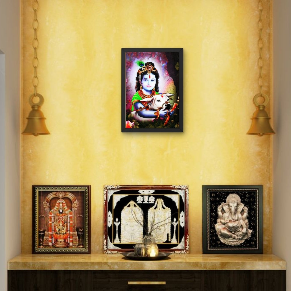 Bal Krishna with Cow Wall Art – Lord Krishna Hindu God Devotional Photo Frame