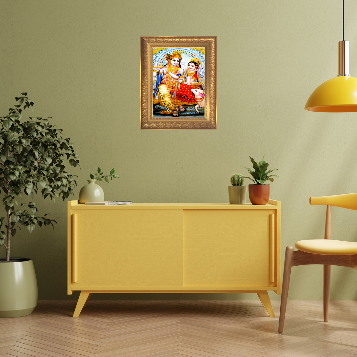 Premium Radha Krishna Wall Art – Lord Krishna & Radha with Cow Hindu God Photo Frame