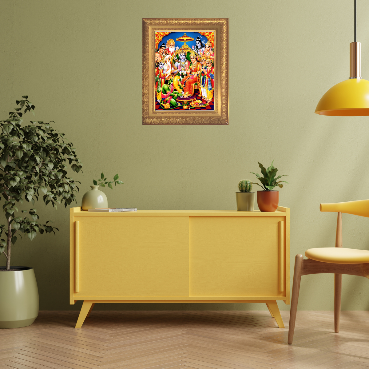 Premium Lord Sri Rama Wall Art –  Lord Rama and Goddess Sita with Hanuman Hindu Devotional Photo Frame
