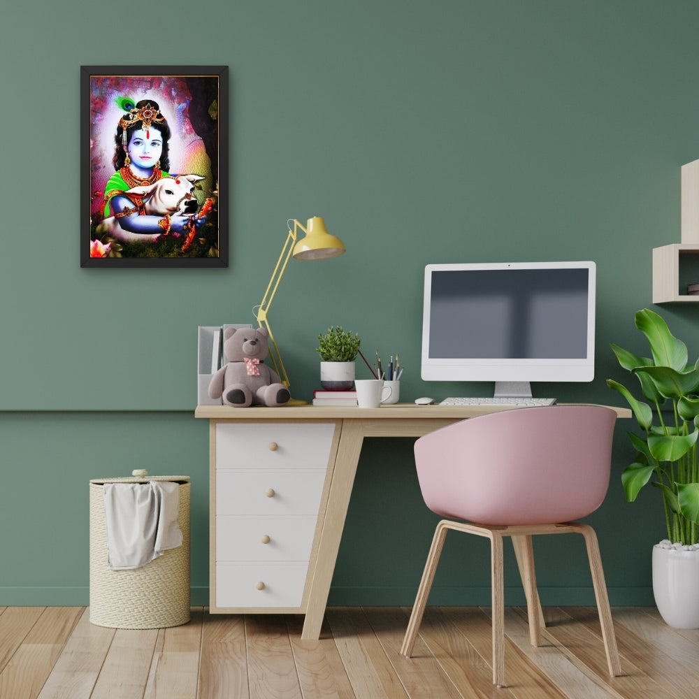 Bal Krishna with Cow Wall Art – Lord Krishna Hindu God Devotional Photo Frame