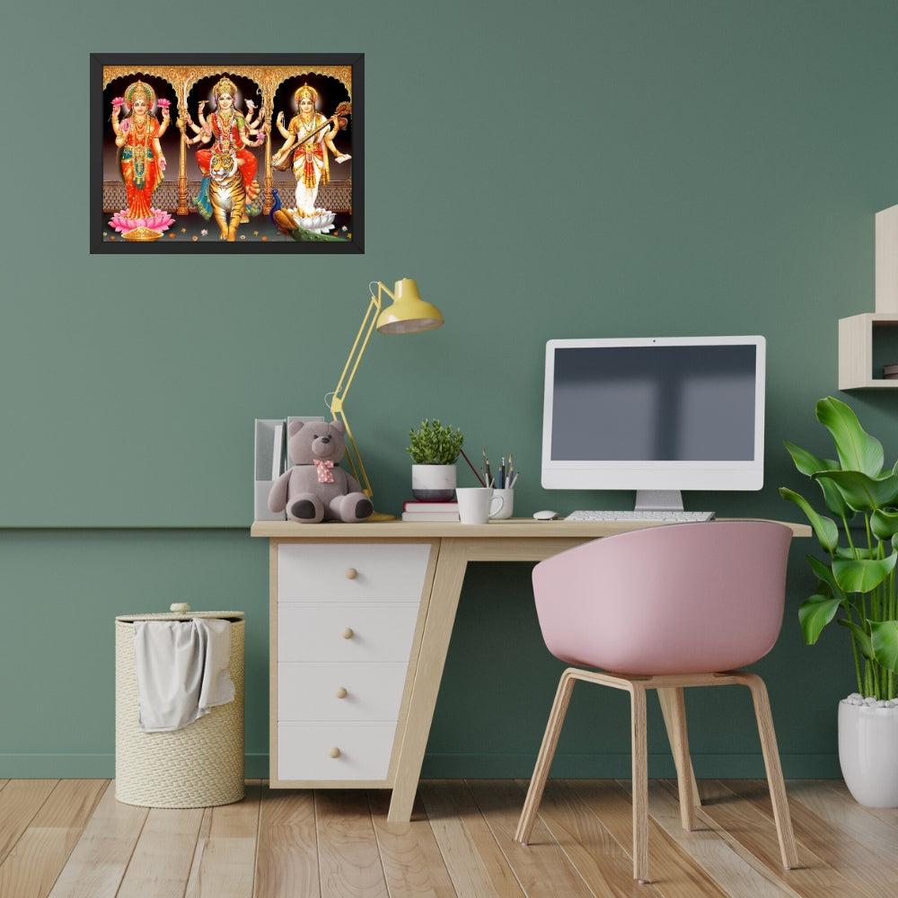 Goddess Durgadevi with Mahalaxmi and Saraswathi devi Wall Art - Durgadevi with Mahalaxmi and Saraswathi devi Hindu God Photo Frame