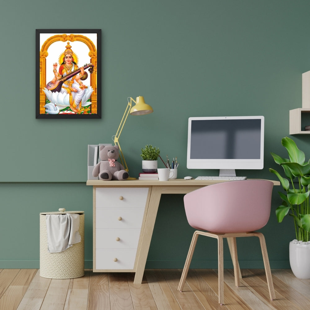 Goddess Saraswati Wall Art – Maa Saraswati with Veena Hindu Goddess Photo Frame