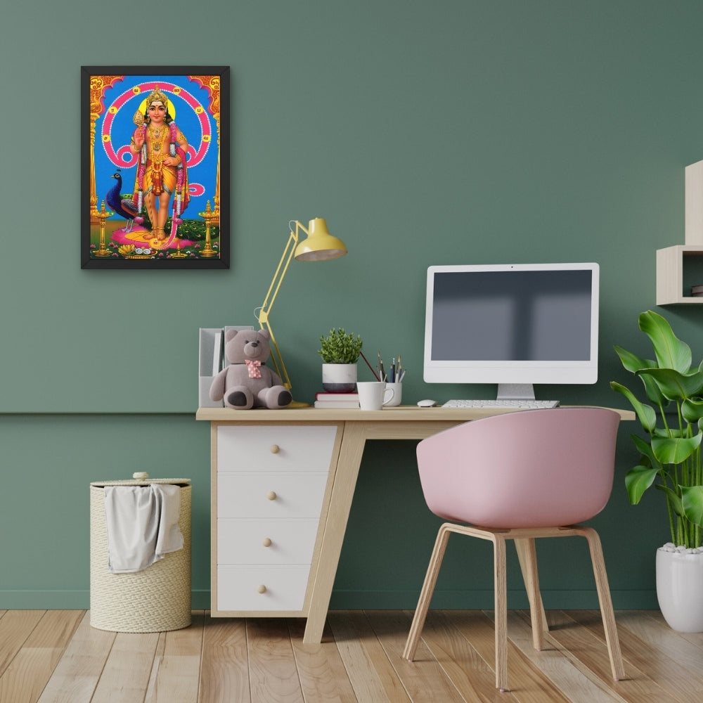 Lord Murugan Wall Art – Tamil God Murugan with Peacock & Vel Hindu God Photo Frame