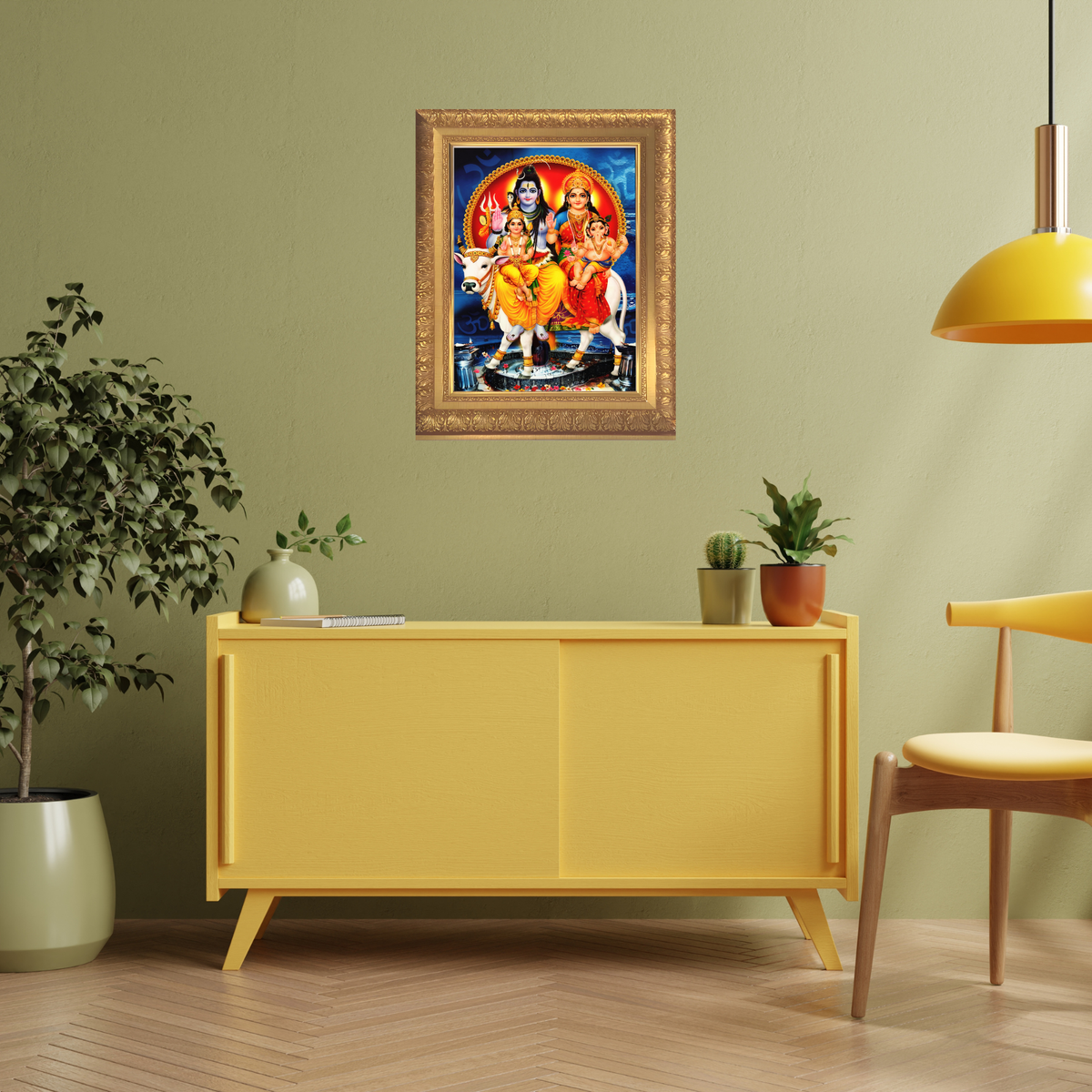 Premium Lord Shiva Family Wall Art – Shiva Parvati with Lord Ganesha and Kartikeya Hindu God Photo Frame