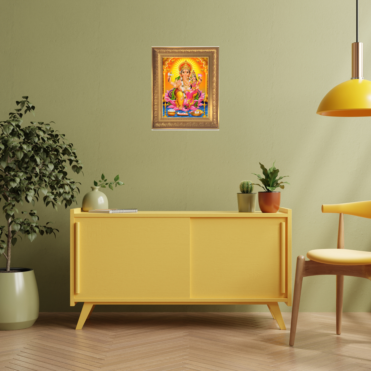Premium Ganesha Lakshmi Wall Art – Lord Ganesha with Goddess Siddhi Hindu God Photo Frame