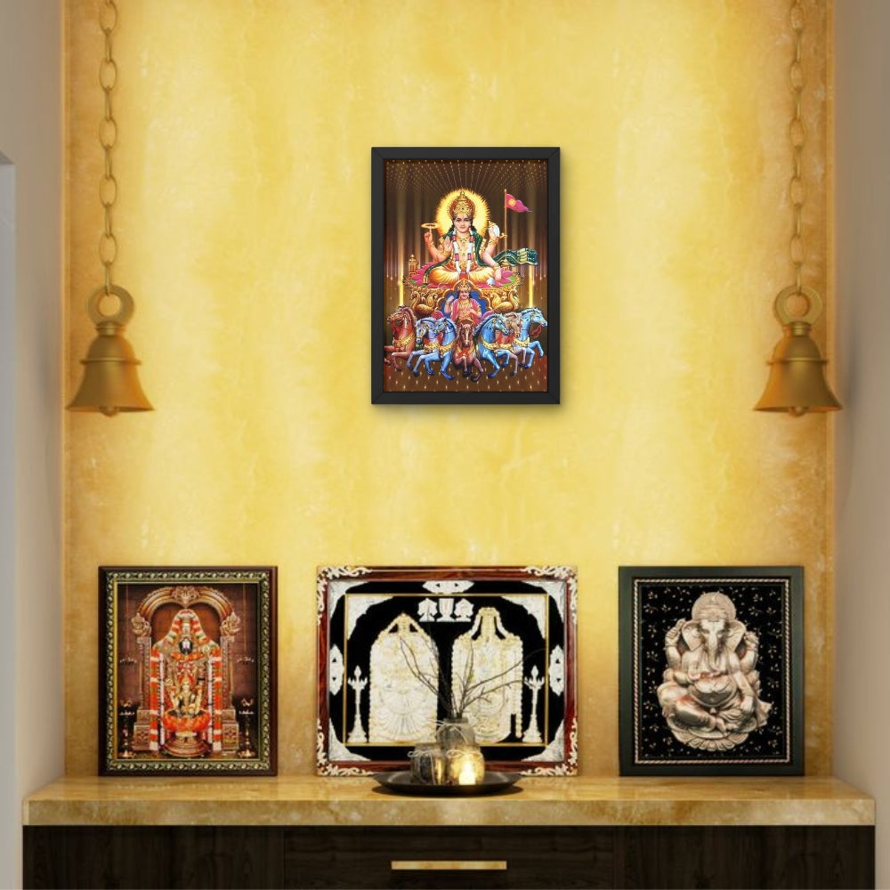 Surya Dev Wall Art – Lord Surya with Seven Horses Hindu God Photo Frame for Home & Puja Room