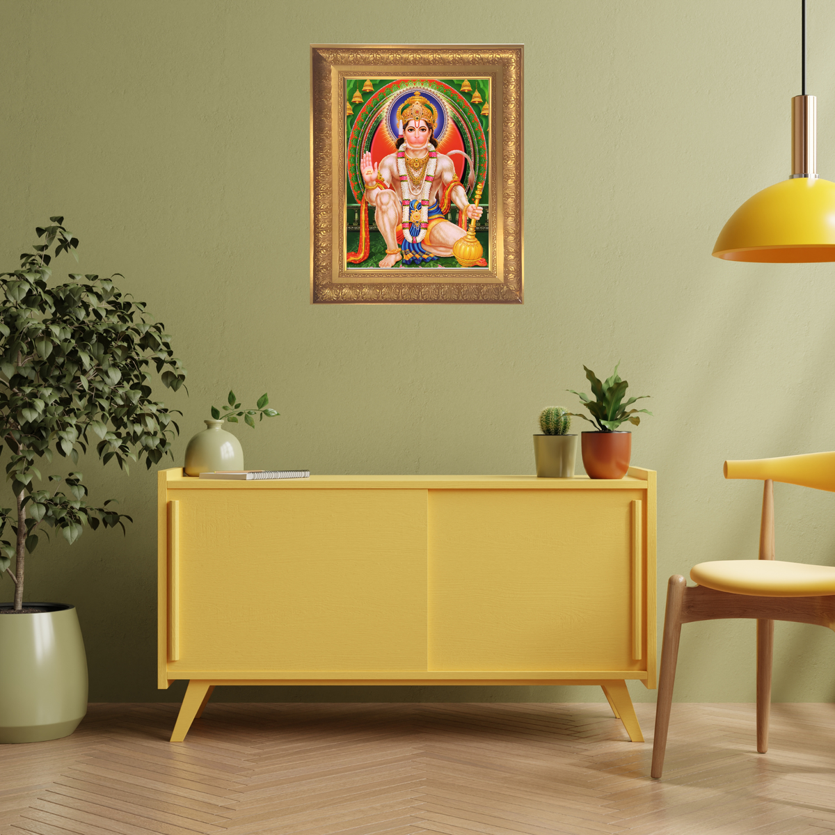 Premium Lord Hanuman Wall Art – Seated Lord Hanuman with Gada Hindu God Photo Frame