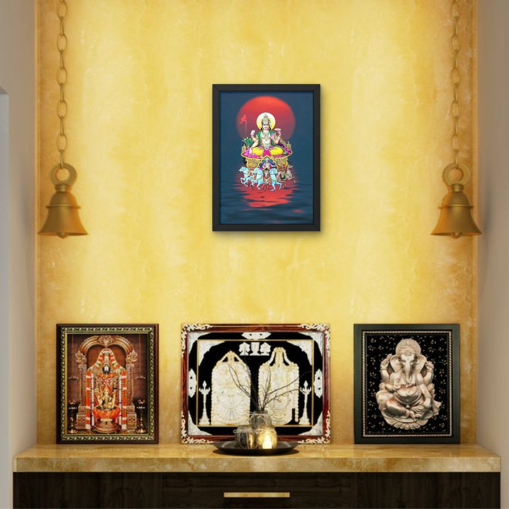 Surya Dev Wall Art – Lord Surya with Seven Horses Hindu God Photo Frame for Home & Puja Room