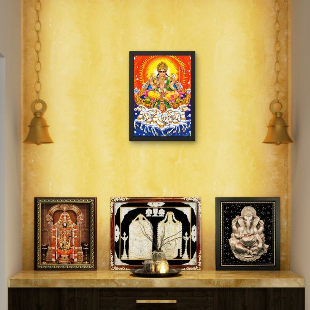Surya Dev Wall Art – Lord Surya Sun God on Seven Horses Hindu Religious Photo Frame