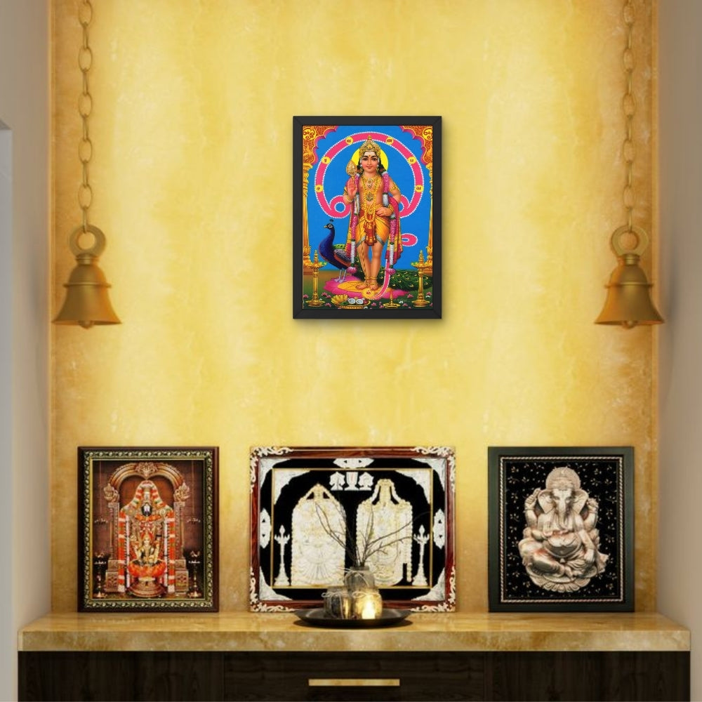 Lord Murugan Wall Art – Tamil God Murugan with Peacock & Vel Hindu God Photo Frame