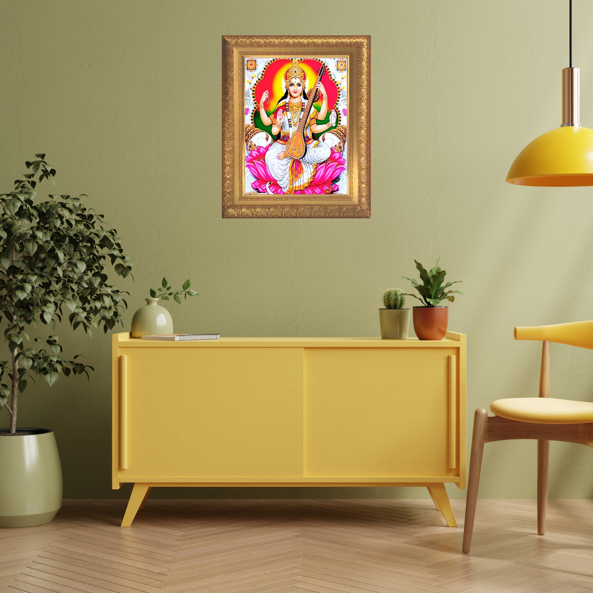 Premium Goddess Saraswati Wall Art – Maa Saraswati with Veena Hindu Goddess Photo Frame