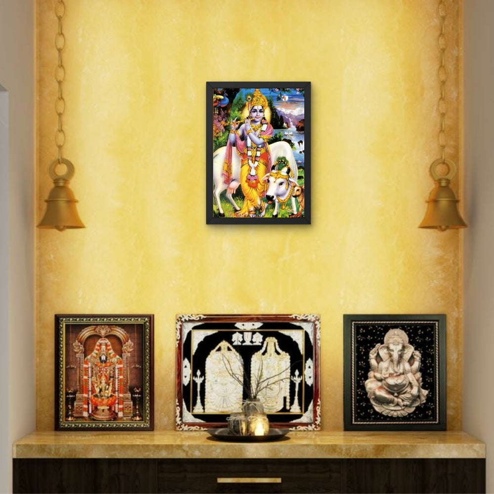 Lord Krishna with Cows Wall Art – Shri Krishna Playing Flute Hindu God Photo Frame