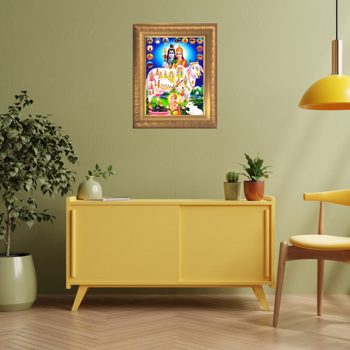 Premium Kamadhenu Wall Art – Sacred Divine Cow with Shiva Parvati & Hindu Gods Photo Frame