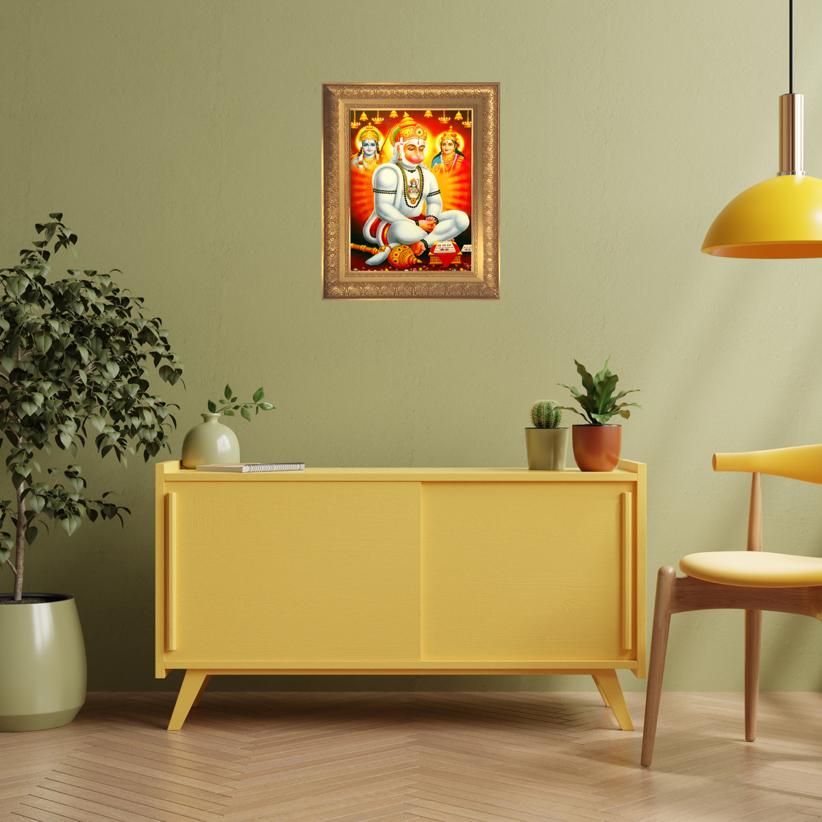 Premoium Lord Hanuman Wall Art – Devotional Hanuman with Lord Rama & Sita Hindu God Photo Frame