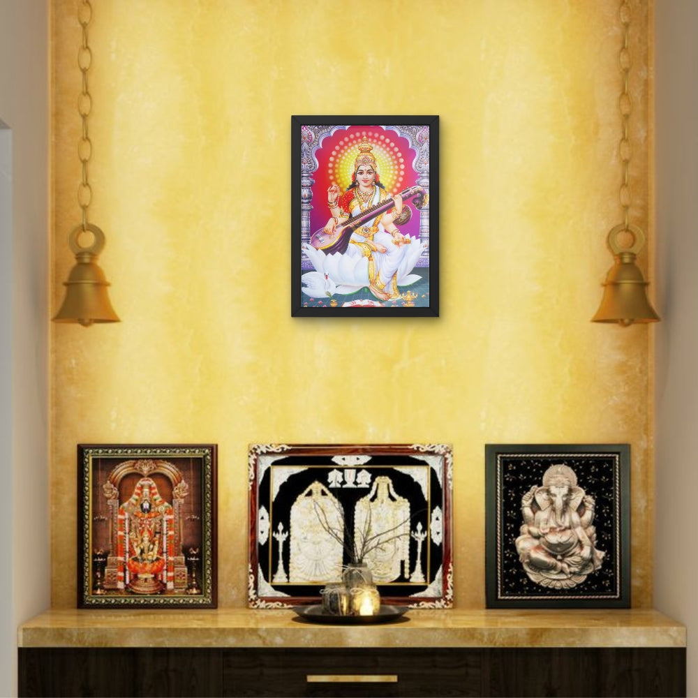 Goddess Saraswati Wall Art – Maa Saraswati Veena Hindu Goddess Photo Frame for Home & Puja Room  Description