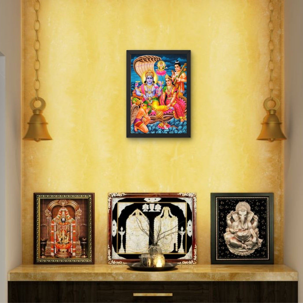 Lord Vishnu Lakshmi Sheshnag Wall Art – Hindu God Vishnu with Goddess Lakshmi Traditional Photo Frame
