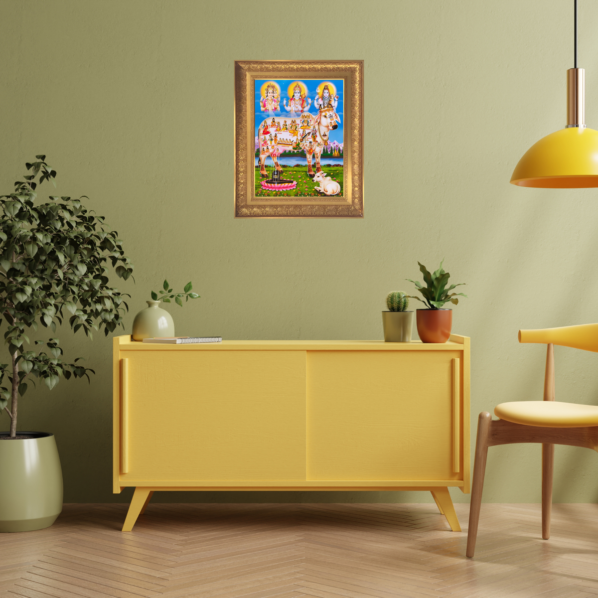 Premium Kamadhenu Wall Art – Divine Cow with Hindu Gods & Deities Hindu Religious Photo Frame