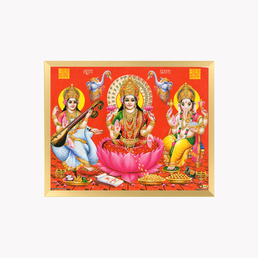 Goddess Lakshmi, Saraswati and Lord Ganesha Wall Art – Hindu Gods Photo Frame for Wealth, Wisdom & Prosperity