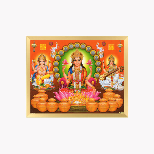 Maha Lakshmi Wall Art – Goddess Lakshmi with Ganesha & Saraswati Hindu Religious Photo Frame