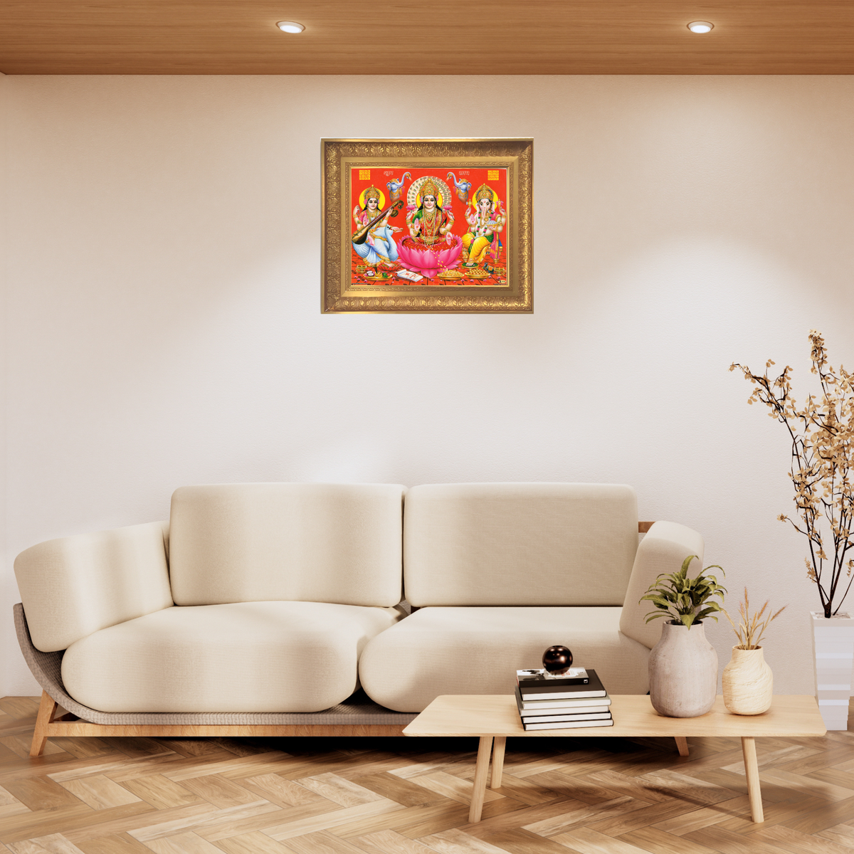 Premium Goddess Lakshmi, Saraswati and Lord Ganesha Wall Art – Hindu Gods Photo Frame for Wealth, Wisdom & Prosperity