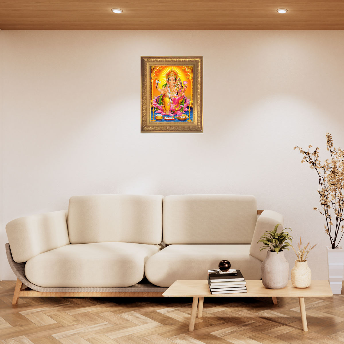 Premium Ganesha Lakshmi Wall Art – Lord Ganesha with Goddess Siddhi Hindu God Photo Frame