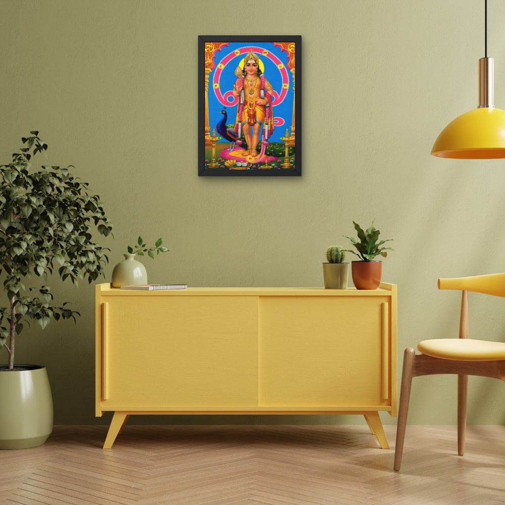Lord Murugan Wall Art – Tamil God Murugan with Peacock & Vel Hindu God Photo Frame