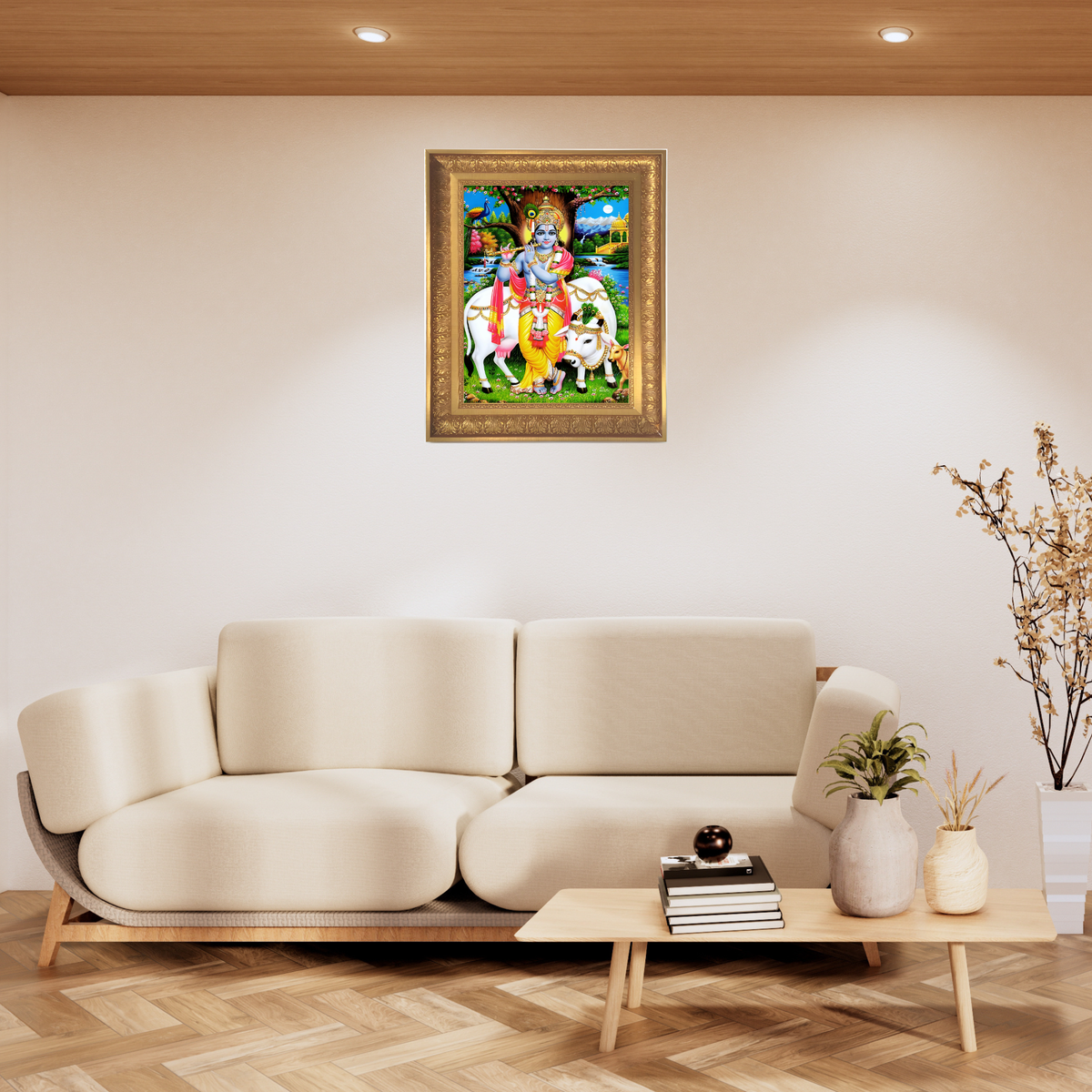Premium Lord Krishna with Kamadhenu Wall Art – Krishna Playing Flute with Sacred Cow Photo Frame