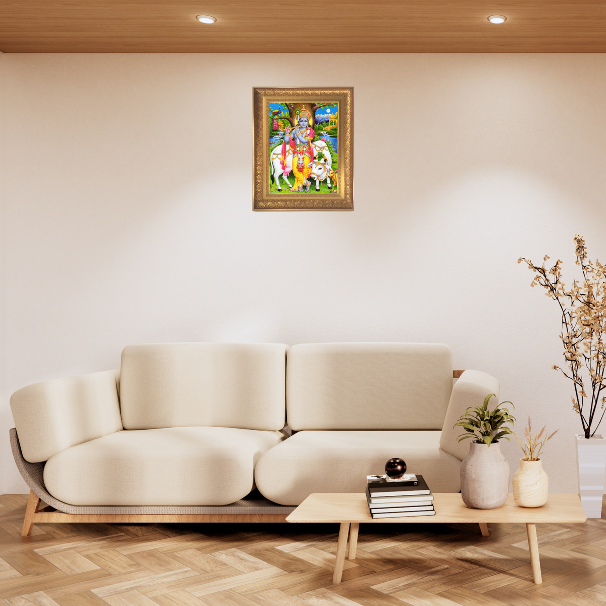 Premium Lord Krishna Wall Art – Flute Playing Krishna with Cow Hindu God Photo Frame
