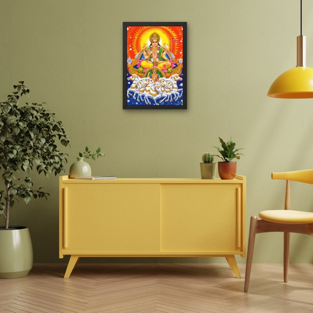 Surya Dev Wall Art – Lord Surya Sun God on Seven Horses Hindu Religious Photo Frame